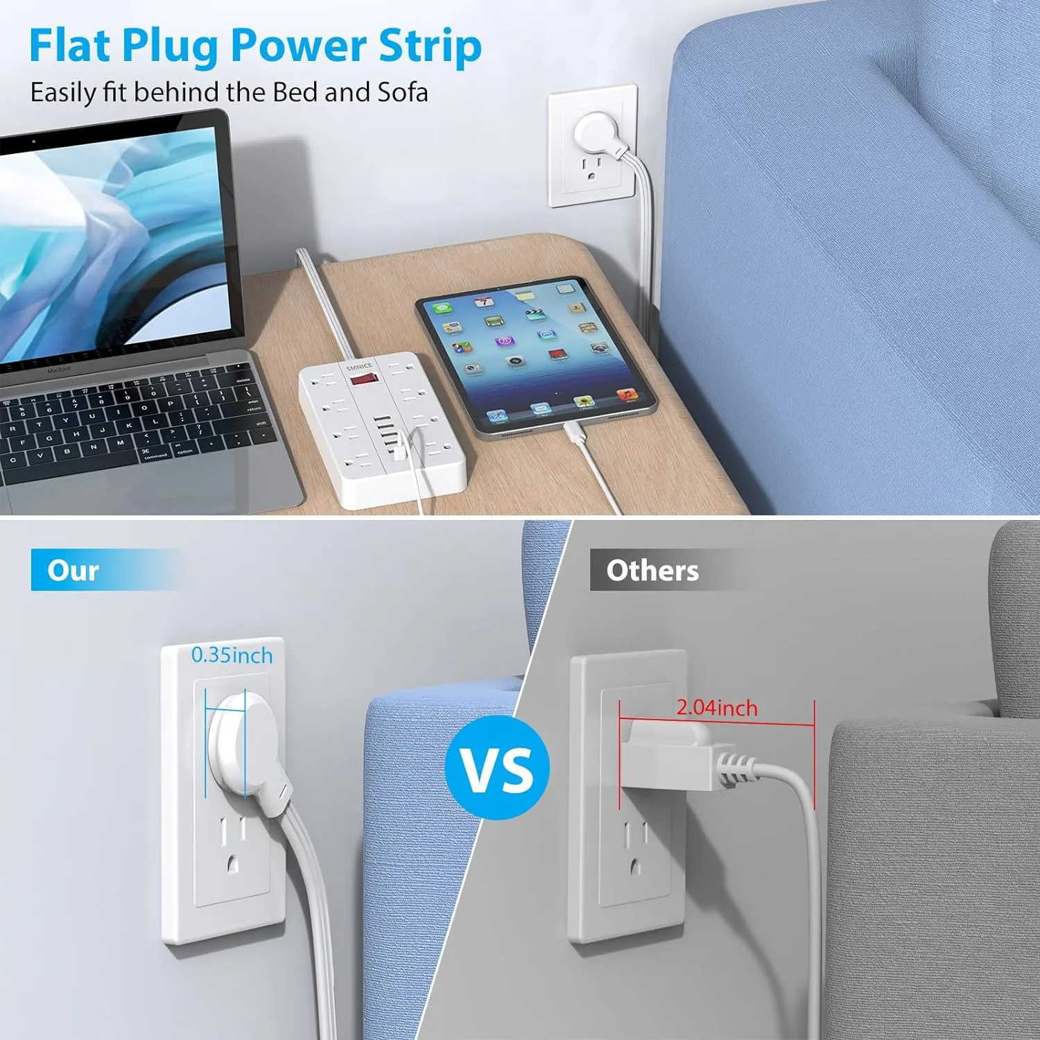 Power Strip with USB,Surge Protector Flat Plug with 8 Widely Spaced Outlets and 6 USB Ports(1 USB C), 5ft Extension Cord Wall Mountable Phone Tablet Laptop Computer Multiple Devices