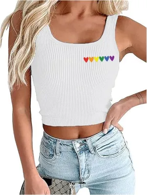Pride Crop Tank Tops Women Cute Rainbow Hearts Graphic Tee Girls LGBT Gay Pride Crop Tops Casual Sleeveless Tshirt