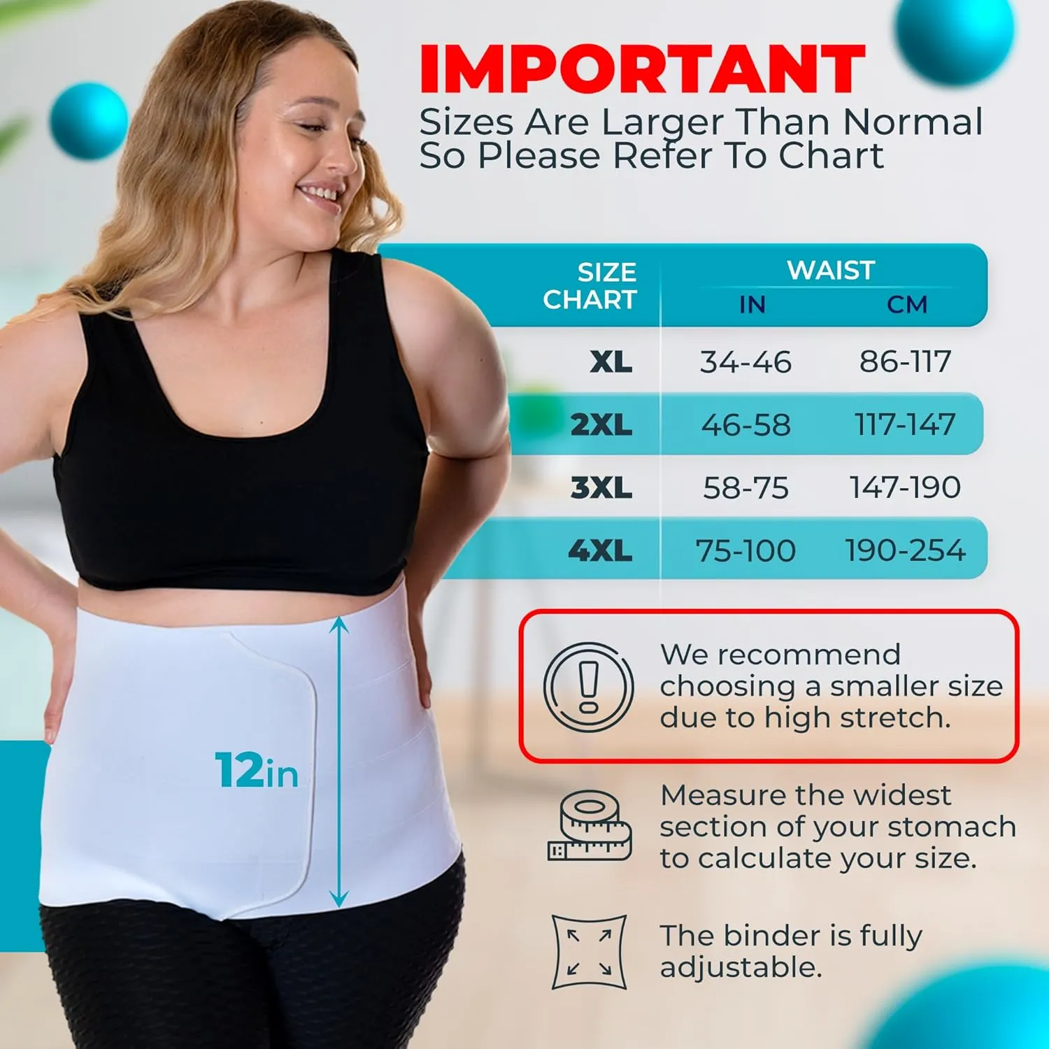 QORE LOGIQ Plus Size Abdominal Binder Post Surgery - C Section Belly Binder, Postpartum Belly Band, Adjustable 12" Compression Wrap for Stomach & Hernia Belt, White 4XL