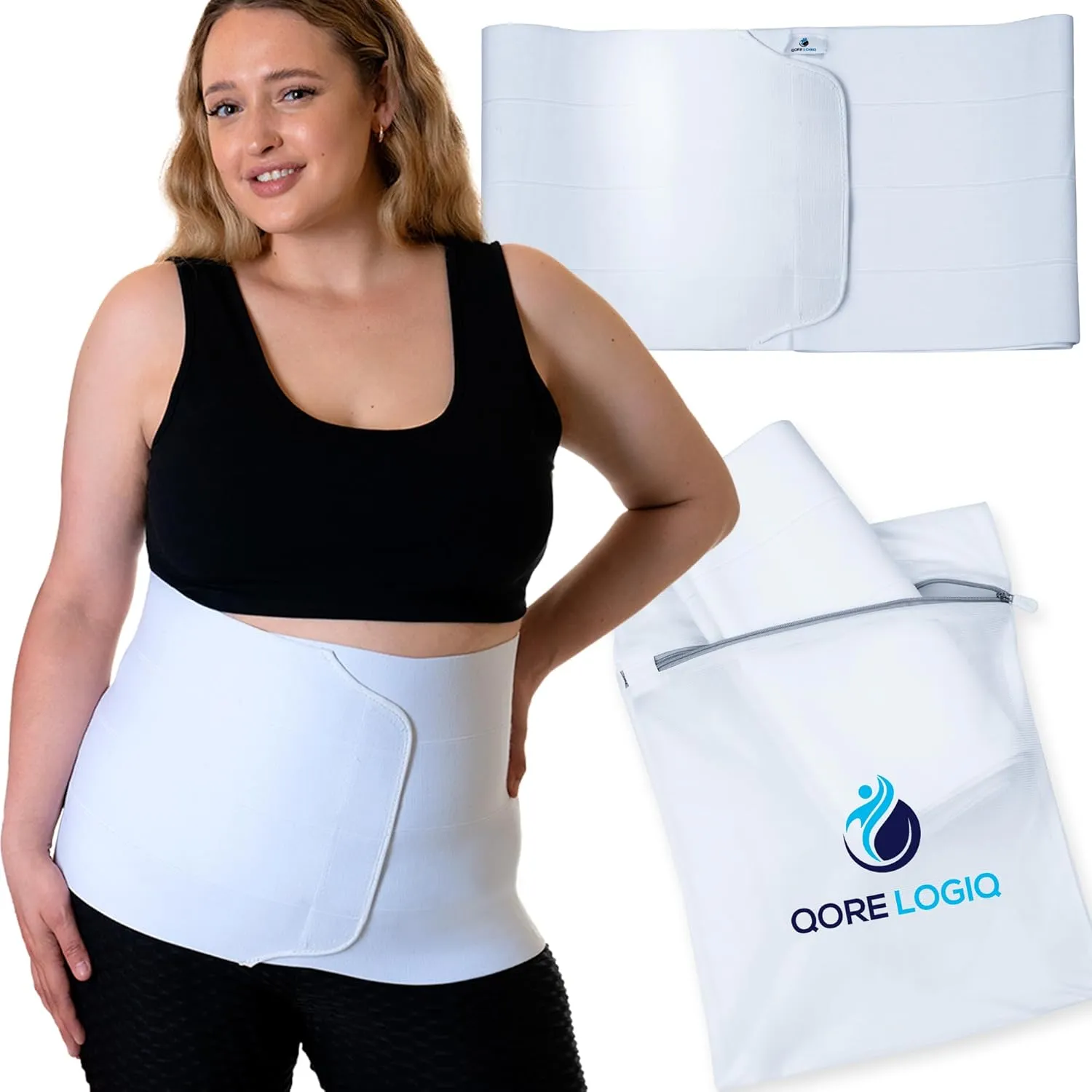 QORE LOGIQ Plus Size Abdominal Binder Post Surgery - C Section Belly Binder, Postpartum Belly Band, Adjustable 12" Compression Wrap for Stomach & Hernia Belt, White 4XL