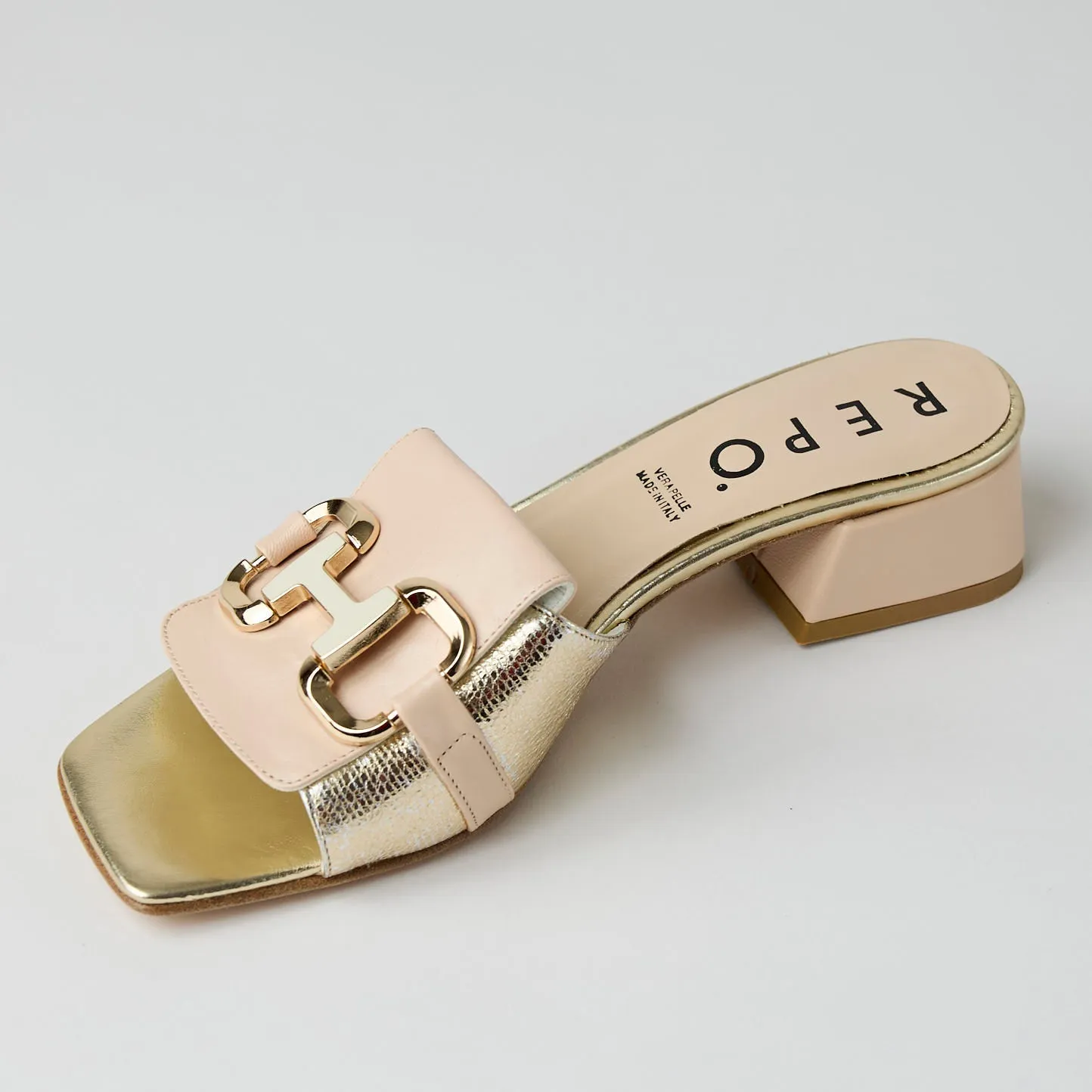 Repo Blush Nude Leather and Platino Metallic Leather Slider Sandals