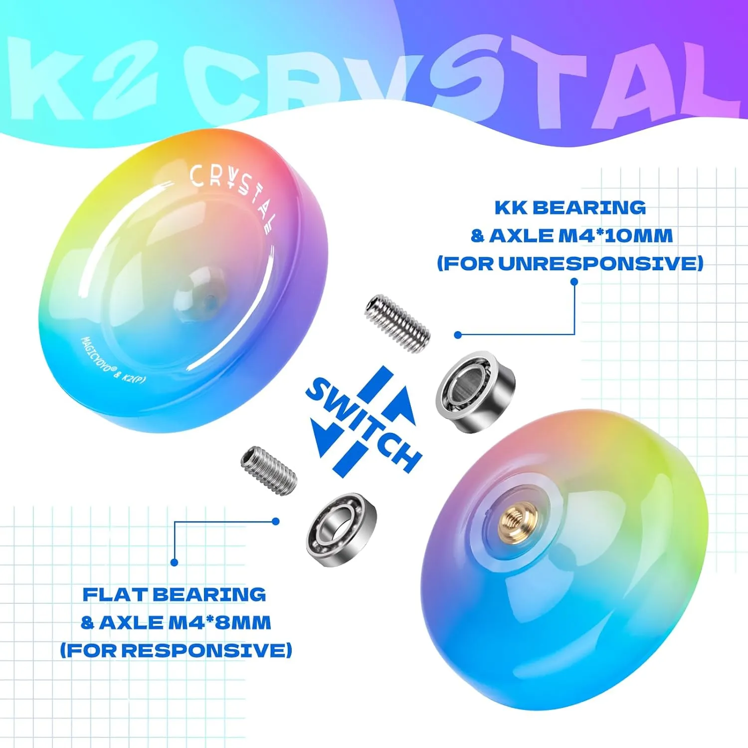 Responsive Yoyo for Kids Beginners, Professional Yo yo Crystal K2, Dual Purpose Yo-Yo for Adults   Extra Unresponsive Yo Yo Bearing   12 Yoyo Strings   Yoyo Storage Bag ( Yellow Pink Blue Gradient)