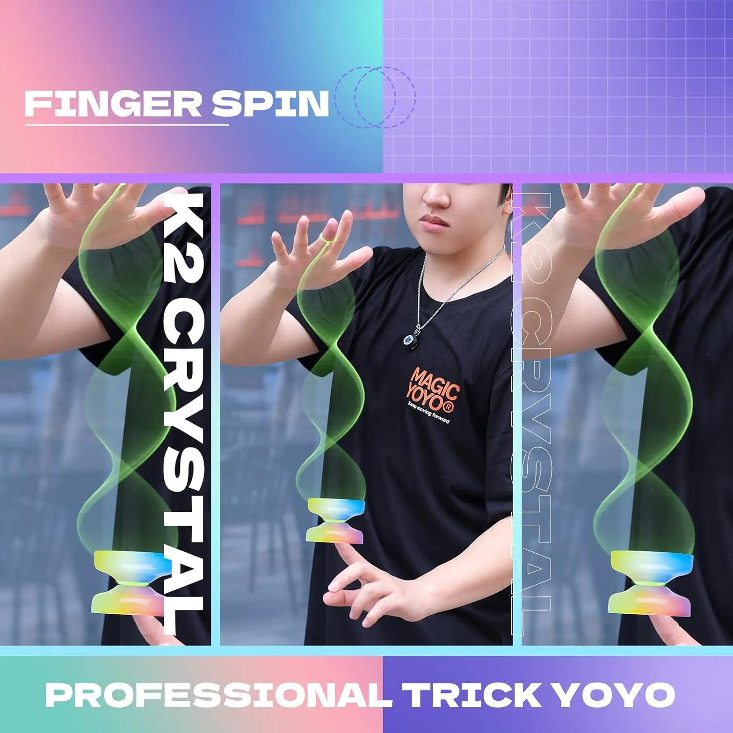 Responsive Yoyo for Kids Beginners, Professional Yo yo Crystal K2, Dual Purpose Yo-Yo for Adults   Extra Unresponsive Yo Yo Bearing   12 Yoyo Strings   Yoyo Storage Bag ( Yellow Pink Blue Gradient)