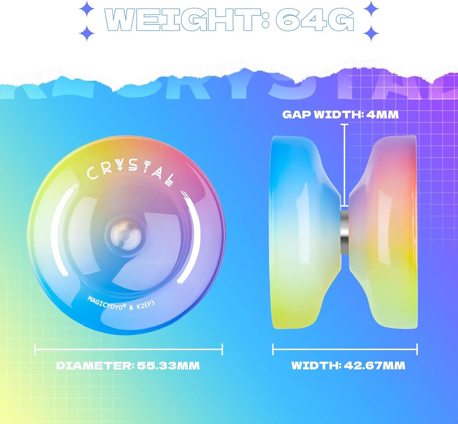 Responsive Yoyo for Kids Beginners, Professional Yo yo Crystal K2, Dual Purpose Yo-Yo for Adults   Extra Unresponsive Yo Yo Bearing   12 Yoyo Strings   Yoyo Storage Bag ( Yellow Pink Blue Gradient)