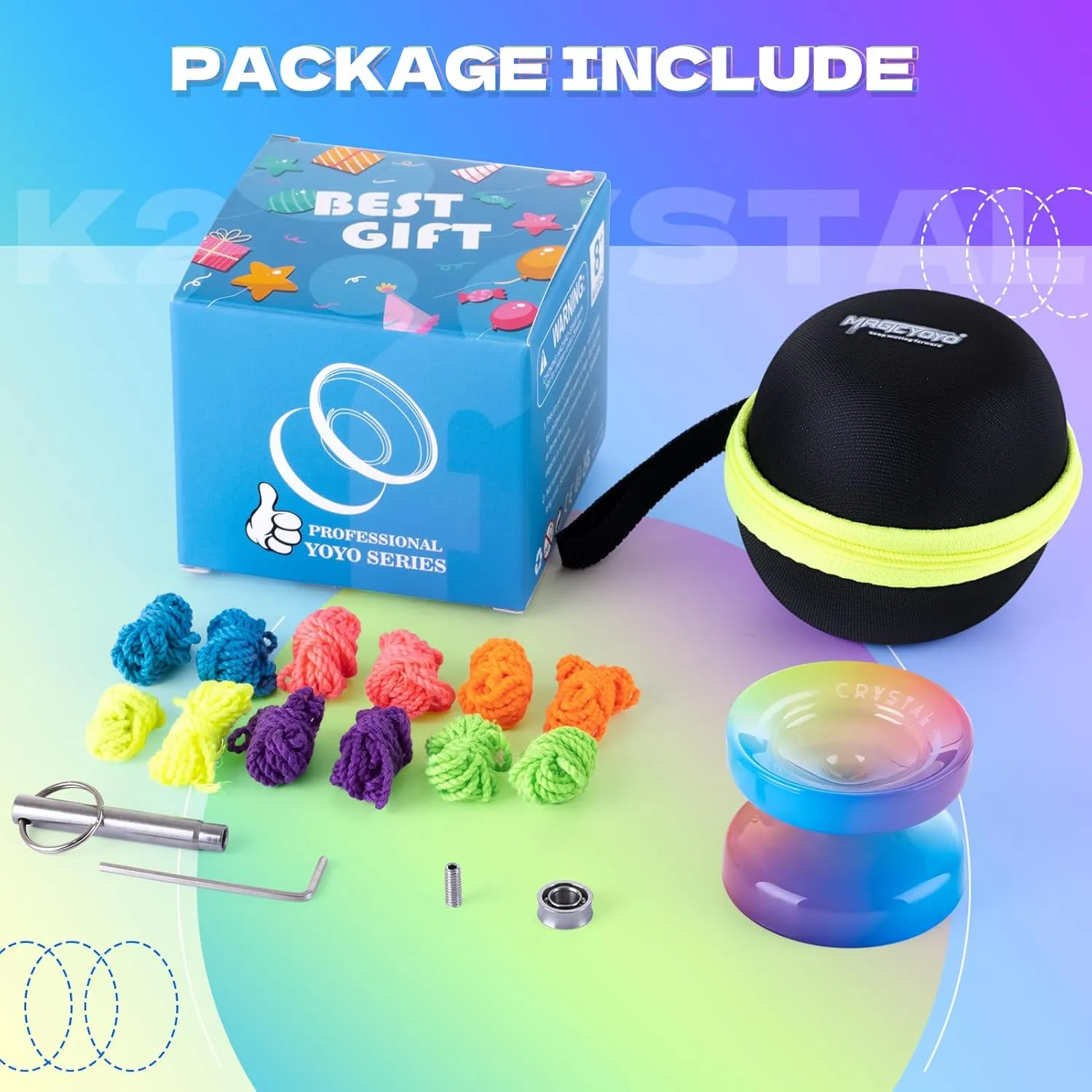 Responsive Yoyo for Kids Beginners, Professional Yo yo Crystal K2, Dual Purpose Yo-Yo for Adults   Extra Unresponsive Yo Yo Bearing   12 Yoyo Strings   Yoyo Storage Bag ( Yellow Pink Blue Gradient)