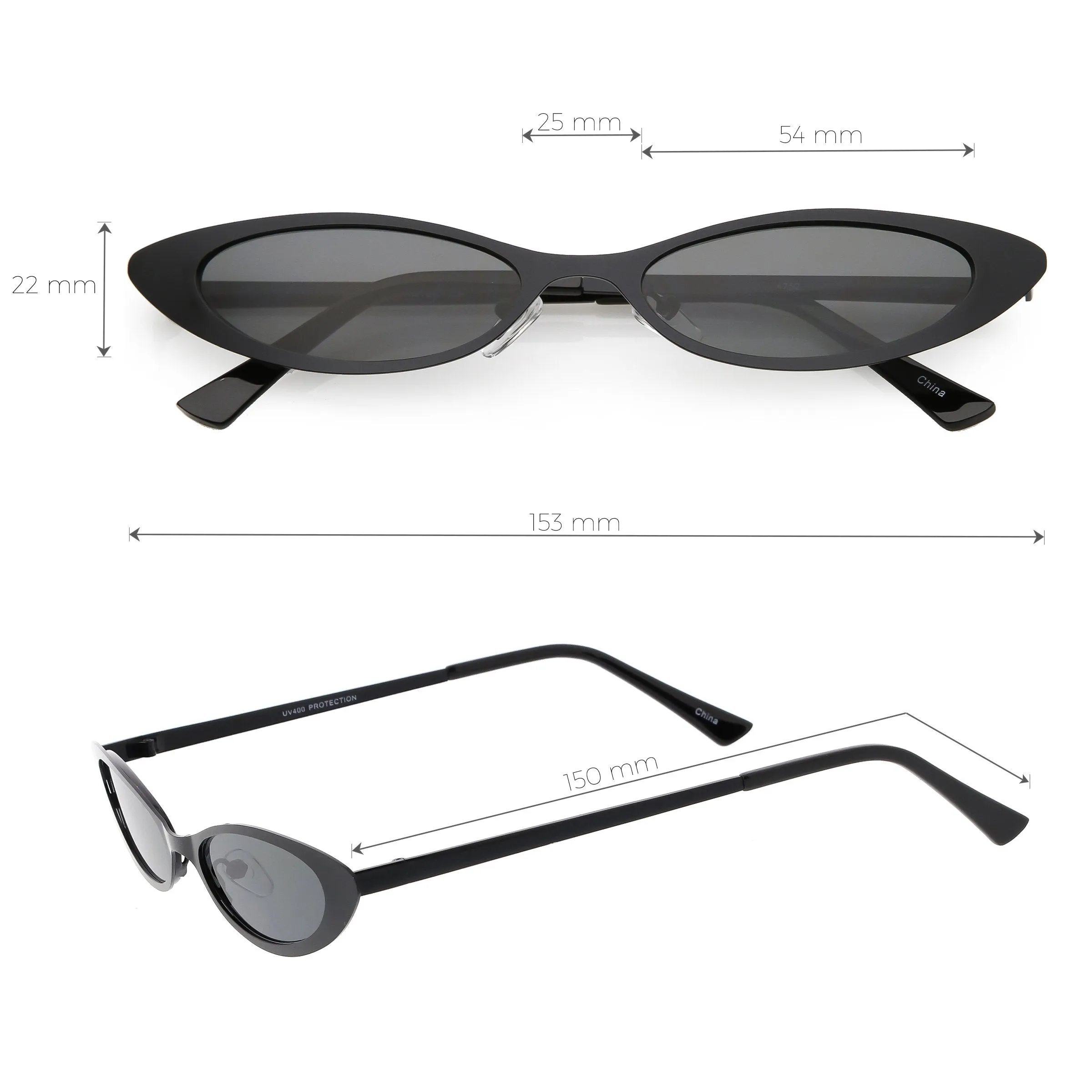 Retro 1990's Small Slim Flat Lens Metal Cat Eye Sunglasses C716