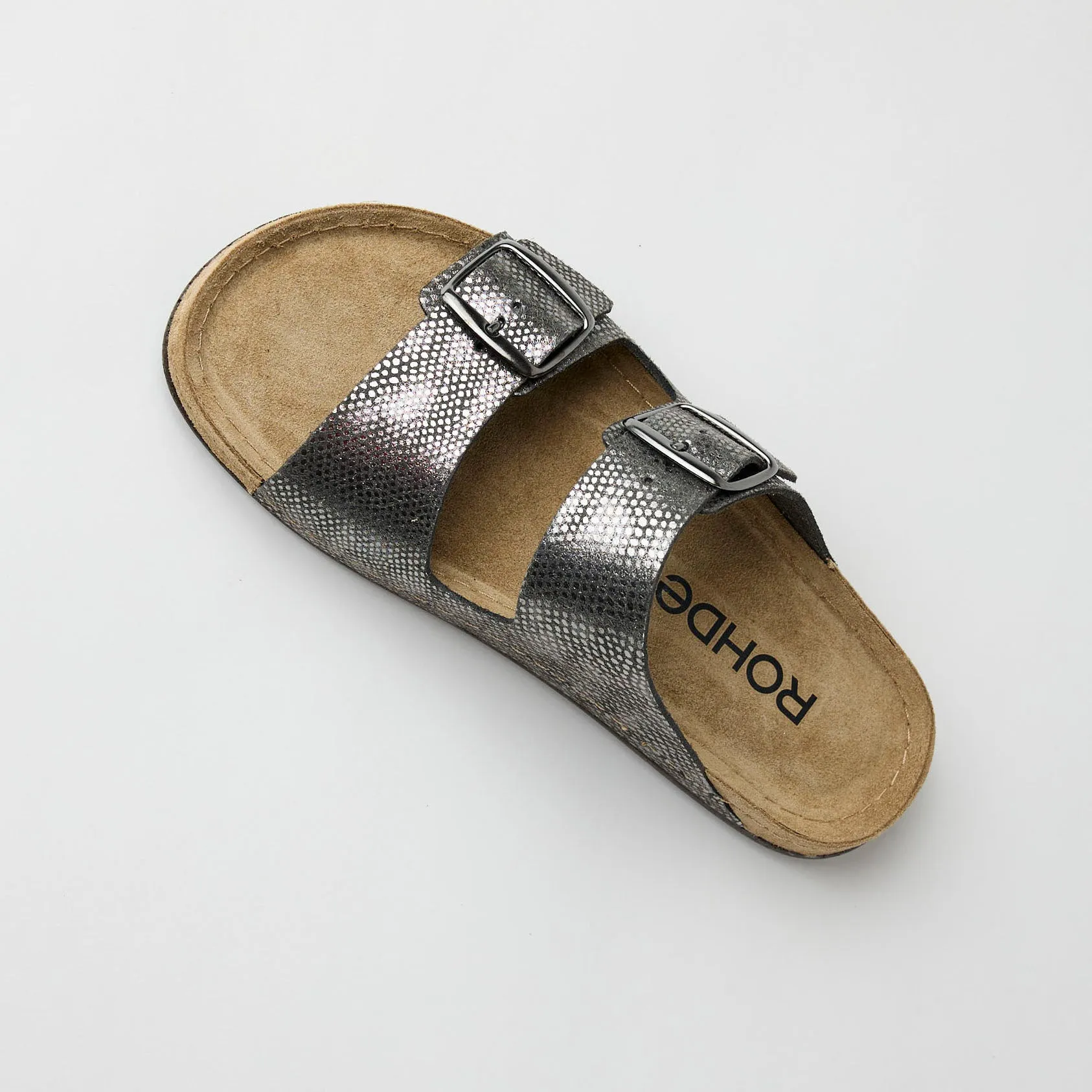 Rohde Charcoal Two Strap Metallic Leather Sandals