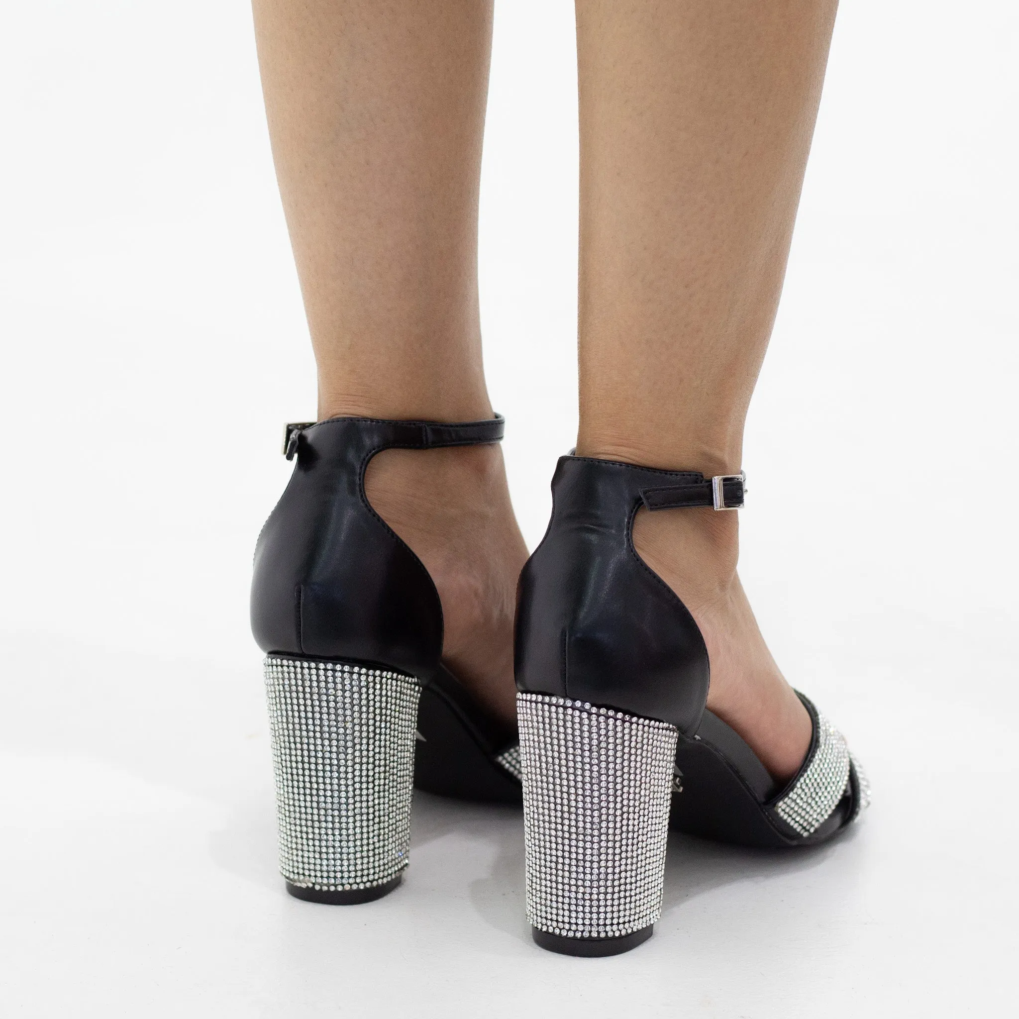 Romania diamante band ankle strap 9cm heel sandal black