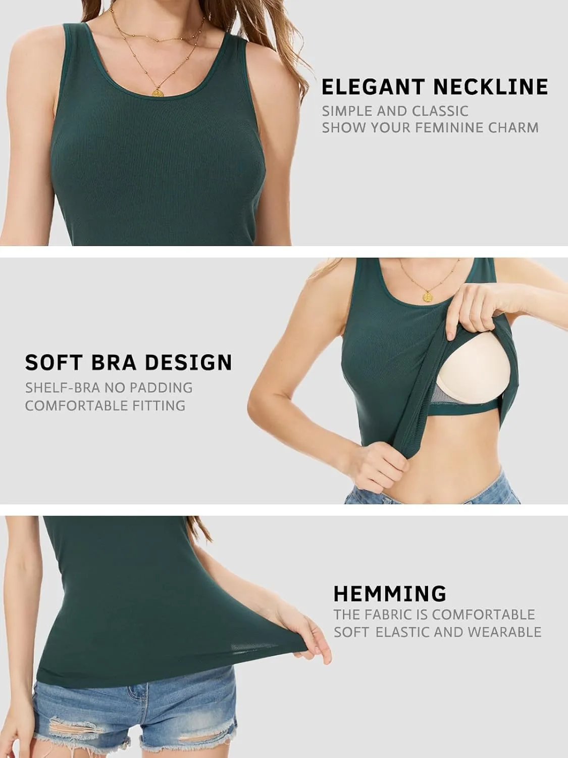 Rosyline Tank Tops for Women with Built in Bra Sleeveless Ribbed Shirts Scoop Neck Slim Fitted Top