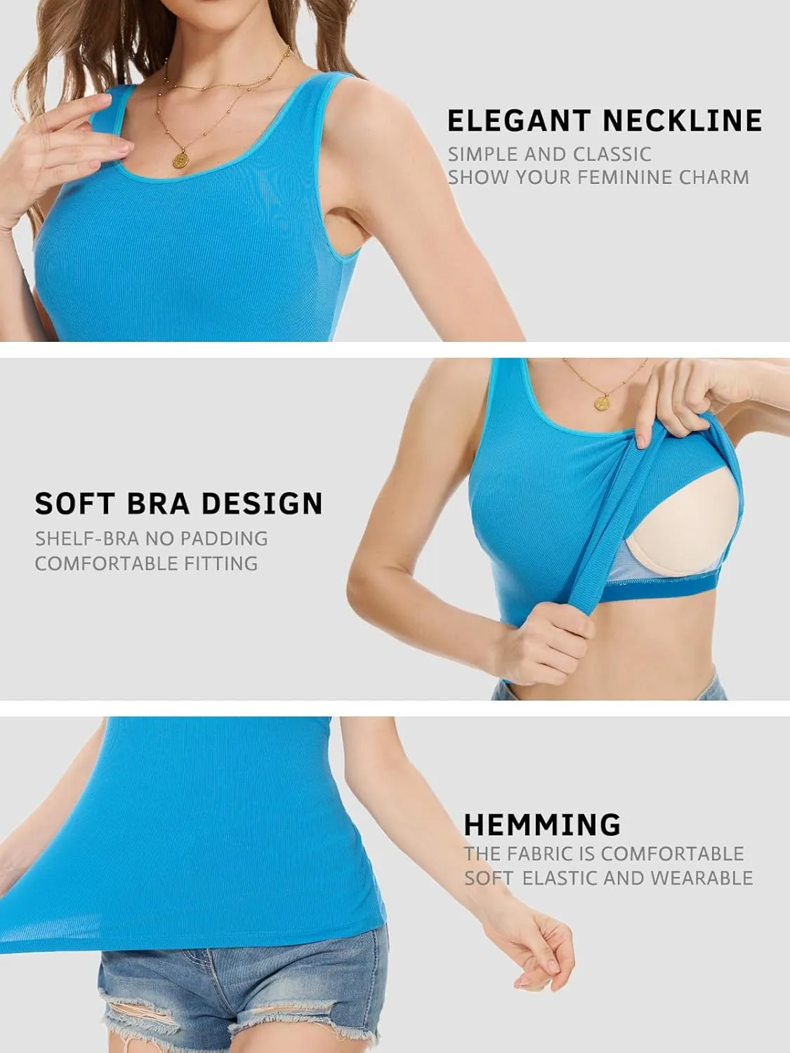 Rosyline Tank Tops for Women with Built in Bra Sleeveless Ribbed Shirts Scoop Neck Slim Fitted Top
