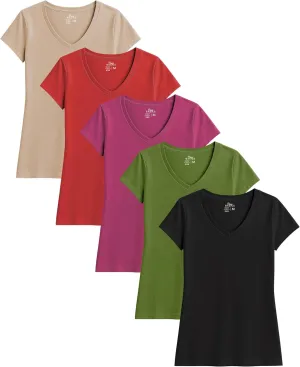 Sexy Basics Women's 5 & 10 Pack Casual & Active Cotton Stretch V Neck Short Sleeve Shirts