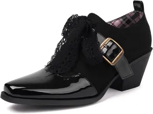 SHEMEE Women's Monk Strap Oxfords Loafers Shoes Chunky Heels Almond Square Toe Vintage Wingtip Brogues British Buckled Business Dress Pumps