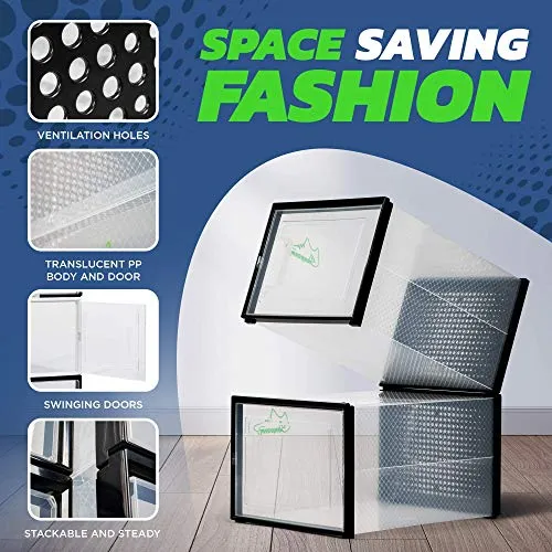 SHOEPREEM Black Large - Long - Shoe Boxes Clear Plastic Stackable, 6 pack- Shoe Box Storage Containers for Organizing Sneaker - Clear Container Organizers for Shoes - Sneaker Organizer Boot & Shoe box