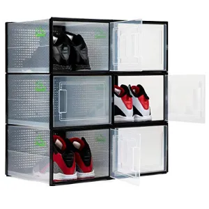 SHOEPREEM Black Large - Long - Shoe Boxes Clear Plastic Stackable, 6 pack- Shoe Box Storage Containers for Organizing Sneaker - Clear Container Organizers for Shoes - Sneaker Organizer Boot & Shoe box