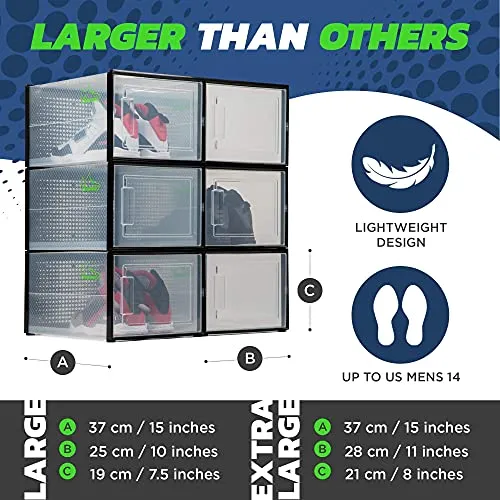 SHOEPREEM Black Large - Long - Shoe Boxes Clear Plastic Stackable, 6 pack- Shoe Box Storage Containers for Organizing Sneaker - Clear Container Organizers for Shoes - Sneaker Organizer Boot & Shoe box