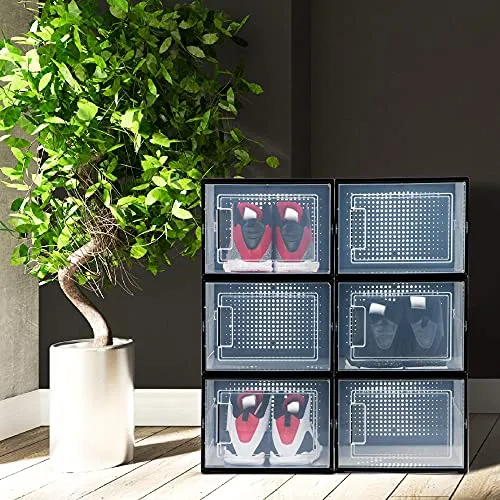 SHOEPREEM Black Large - Long - Shoe Boxes Clear Plastic Stackable, 6 pack- Shoe Box Storage Containers for Organizing Sneaker - Clear Container Organizers for Shoes - Sneaker Organizer Boot & Shoe box