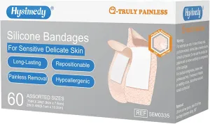 Silicone Bandages Assorted Sizes for Sensitive Fragile Skin - 60 Counts Extra Large and Small Size - Latex Free Hypoallergenic Painless Removal Flexible Fabric Bandages Adhesive Allergy Free