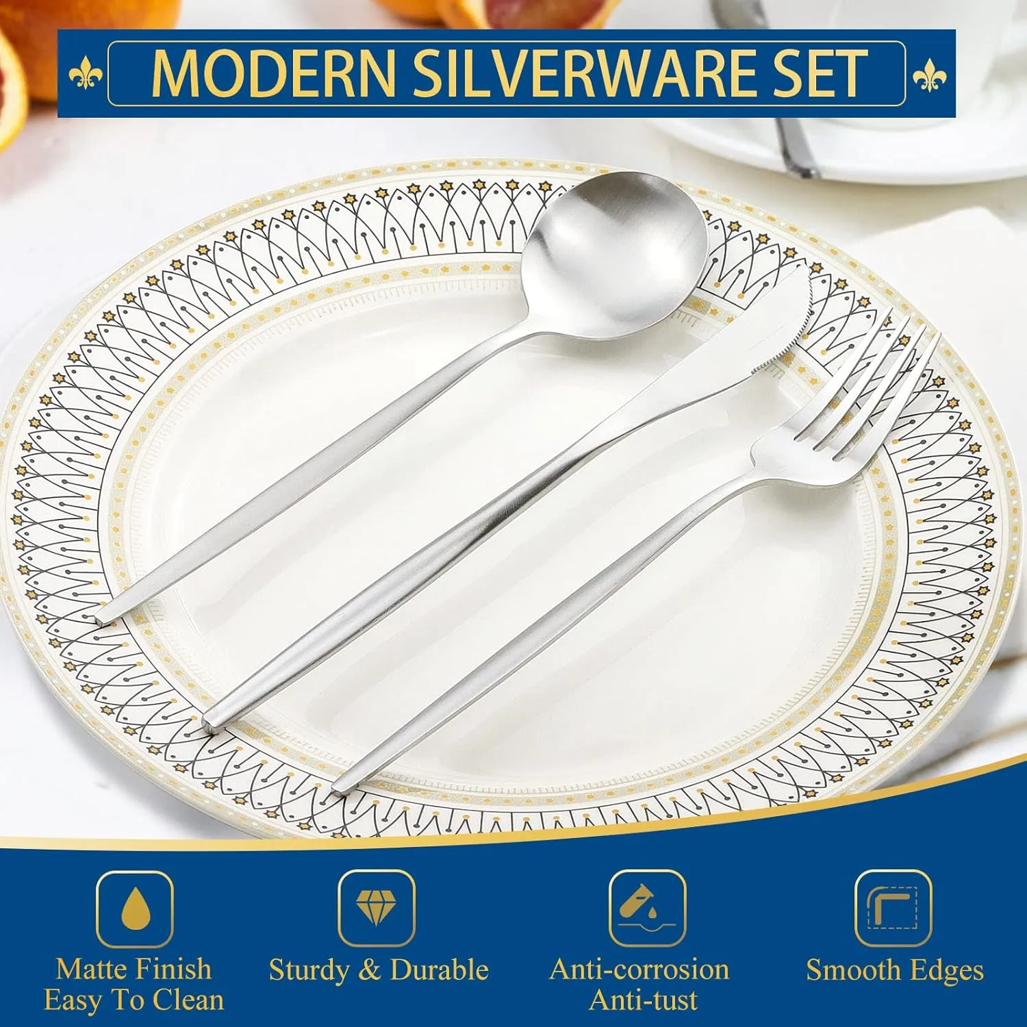 Silverware Set for 8, 40 Piece Flatware Set, Cutlery Tableware set Include Spoons And Forks Set, Stainless Steel Utensil Set, Matte polished Finish, Dishwasher Safe