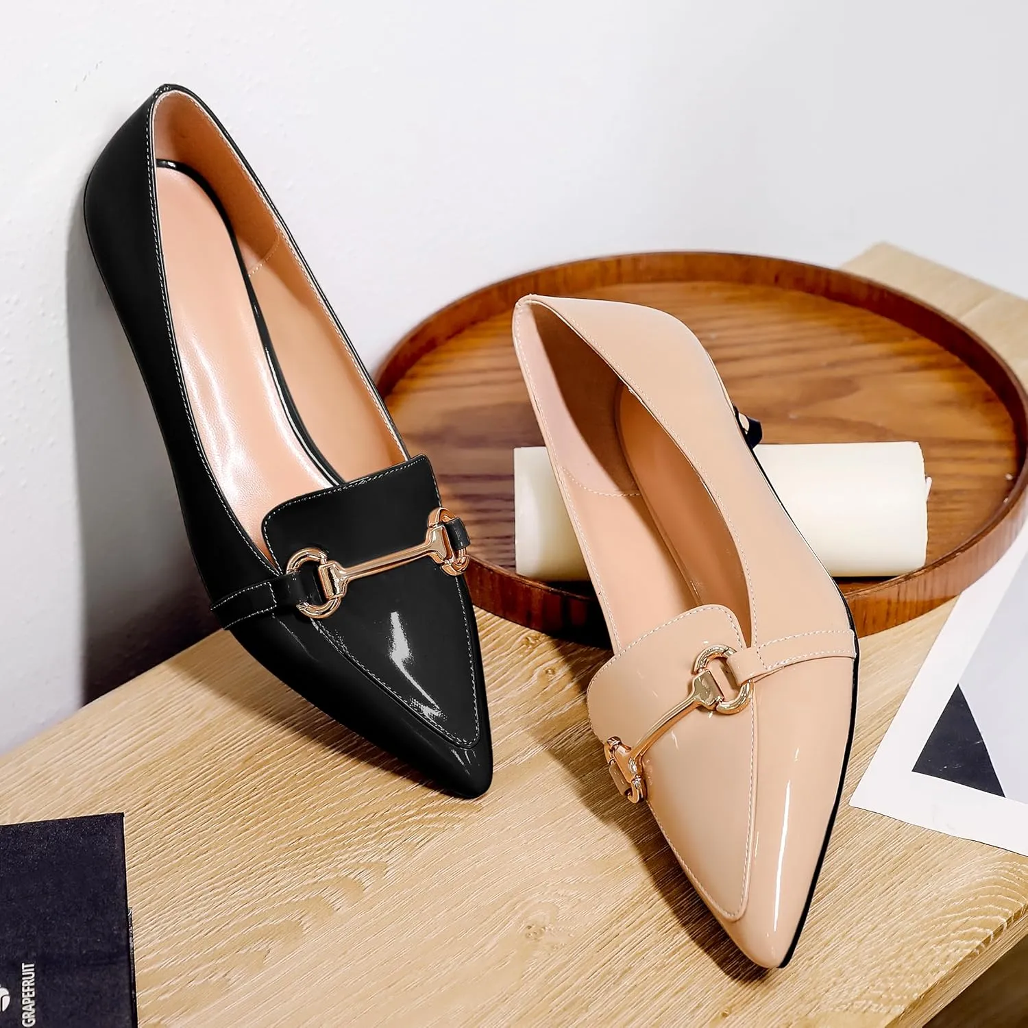 Soireelady Womens Kitten Heels Pointed Toe Heel Pumps Low Heel Closed Toe Slip on Loafer Pumps with Gold Metal Buckle Comfort Dress Work Shoes 1.5 Inches