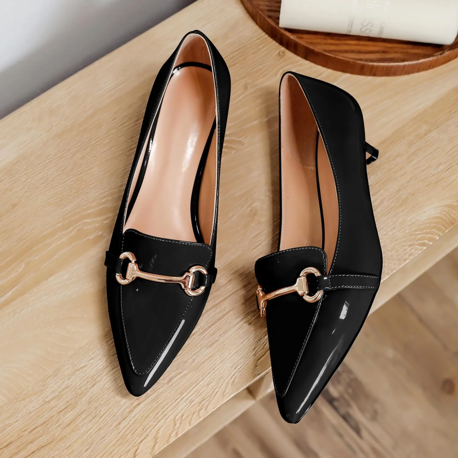 Soireelady Womens Kitten Heels Pointed Toe Heel Pumps Low Heel Closed Toe Slip on Loafer Pumps with Gold Metal Buckle Comfort Dress Work Shoes 1.5 Inches
