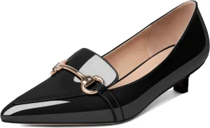 Soireelady Womens Kitten Heels Pointed Toe Heel Pumps Low Heel Closed Toe Slip on Loafer Pumps with Gold Metal Buckle Comfort Dress Work Shoes 1.5 Inches