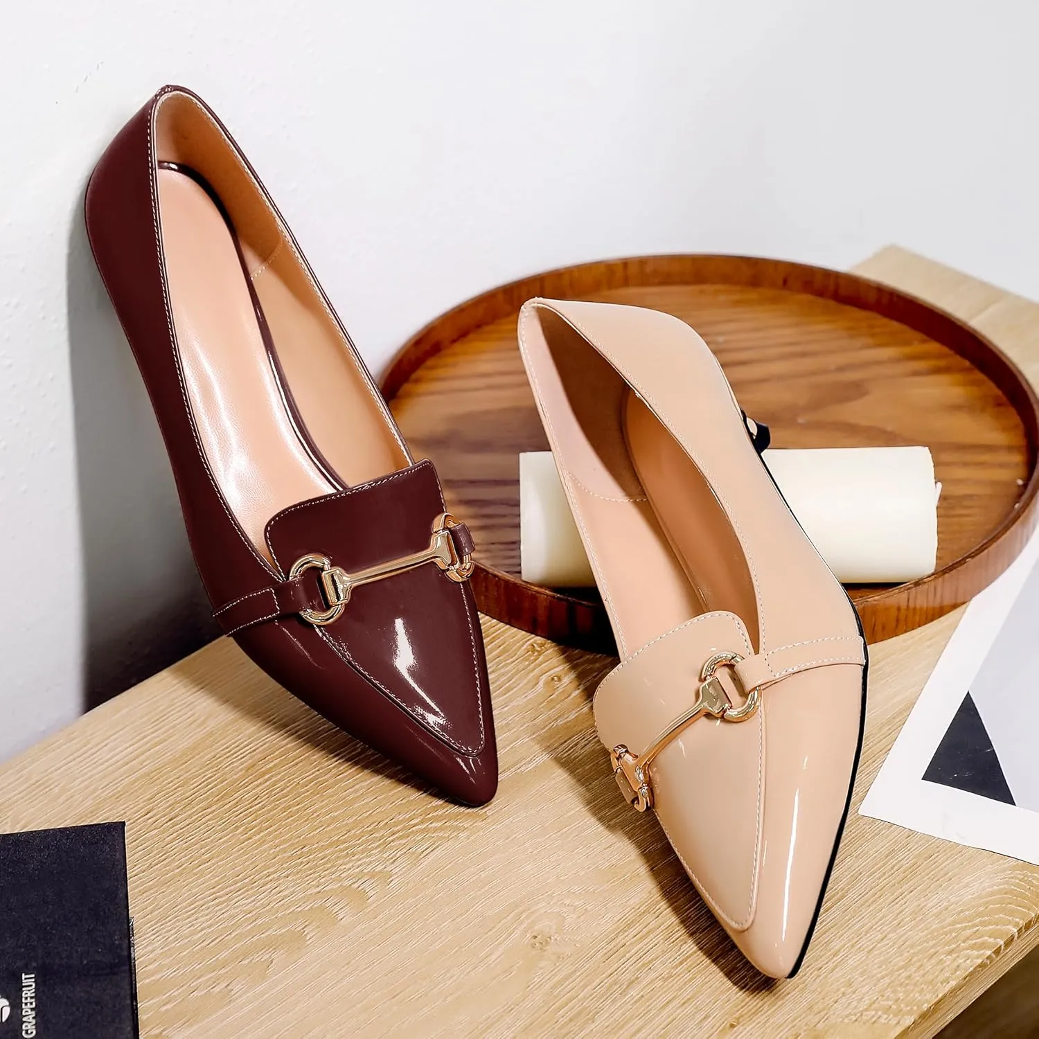 Soireelady Womens Kitten Heels Pointed Toe Heel Pumps Low Heel Closed Toe Slip on Loafer Pumps with Gold Metal Buckle Comfort Dress Work Shoes 1.5 Inches