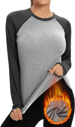 Soneven Women Fleece Thermal Long Sleeve Running Shirt Workout Tops Moisture Wicking Athletic Shirts with Thumb Holes