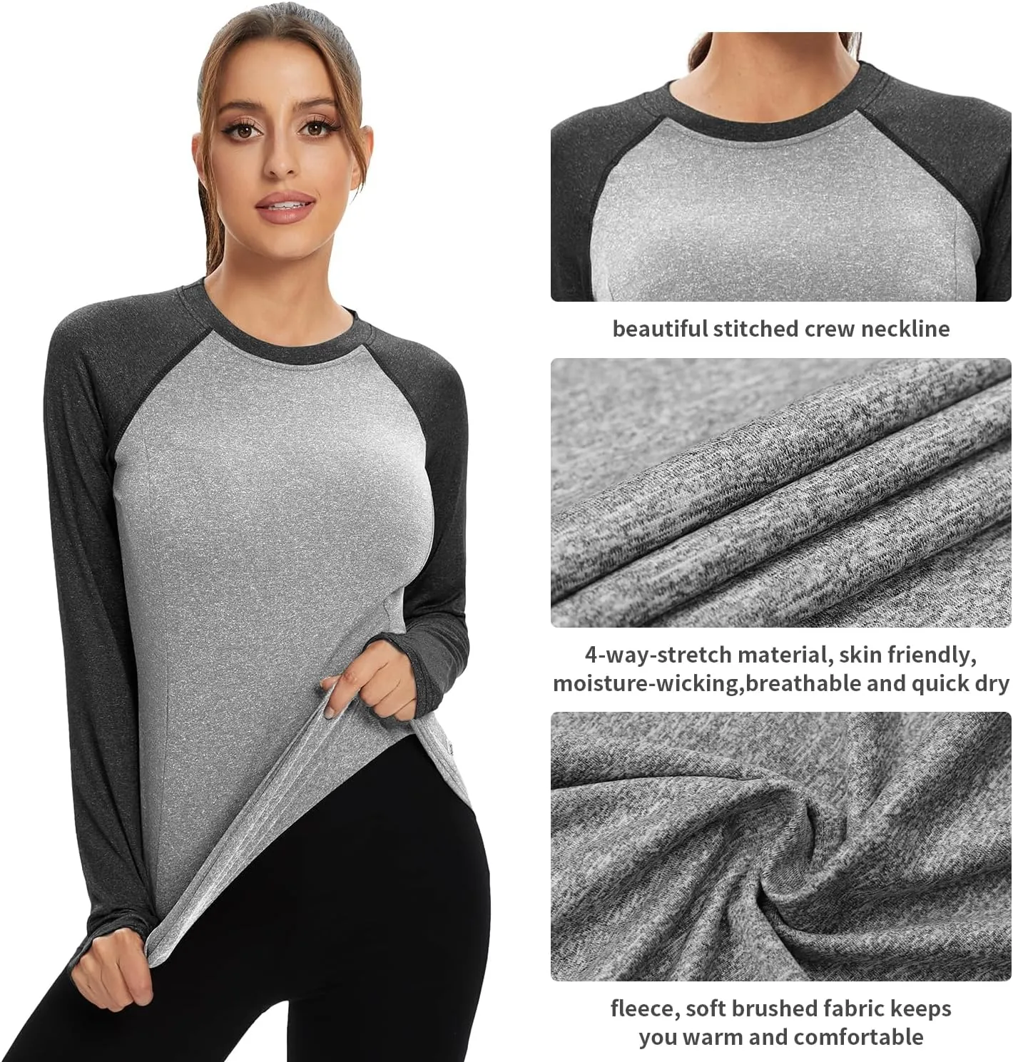 Soneven Women Fleece Thermal Long Sleeve Running Shirt Workout Tops Moisture Wicking Athletic Shirts with Thumb Holes