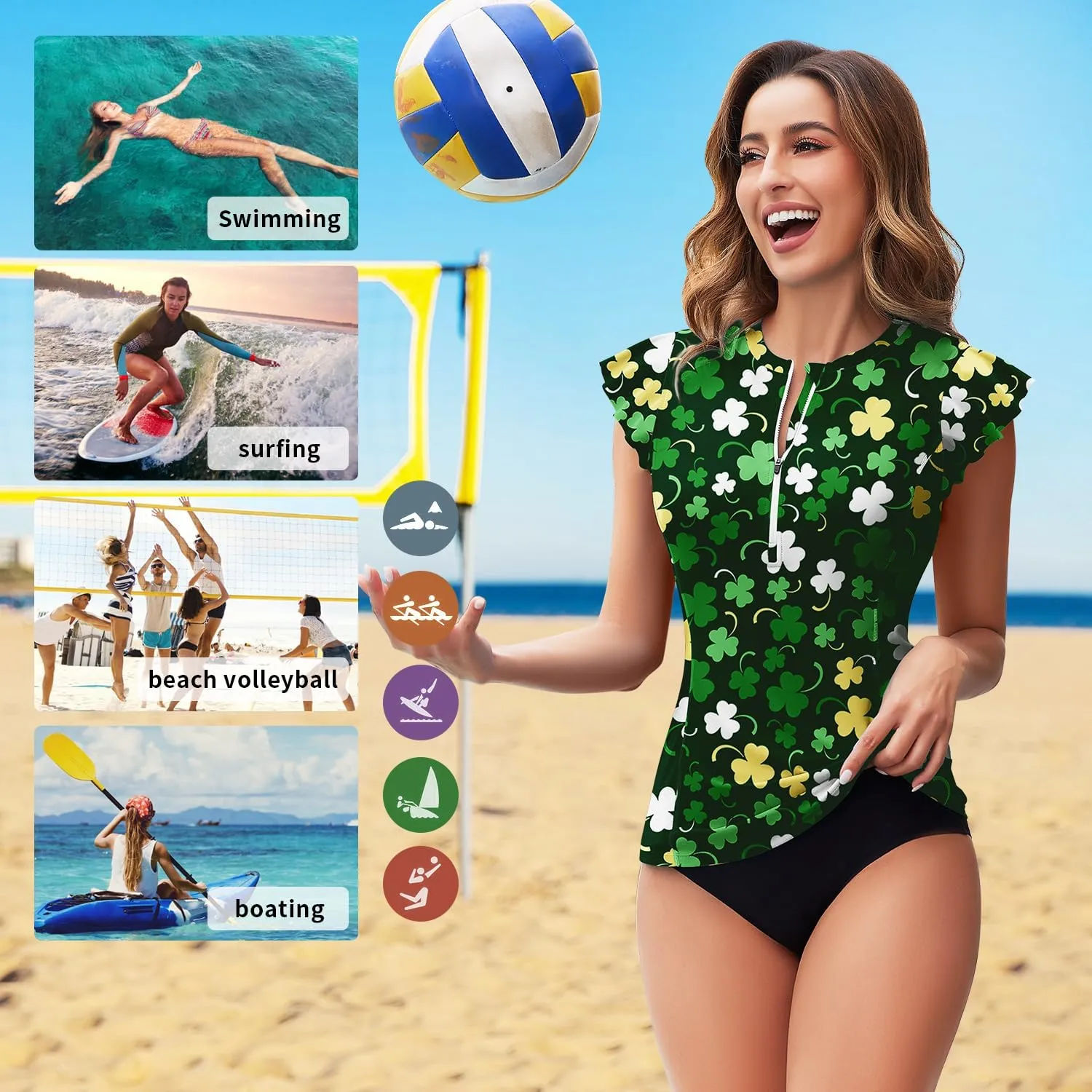 Soneven Women's Swim Shirt UPF 50  Ruffle Sleeve Rash Guard UV Sun Protection Swimsuit Top Bathing Suit No Bottom