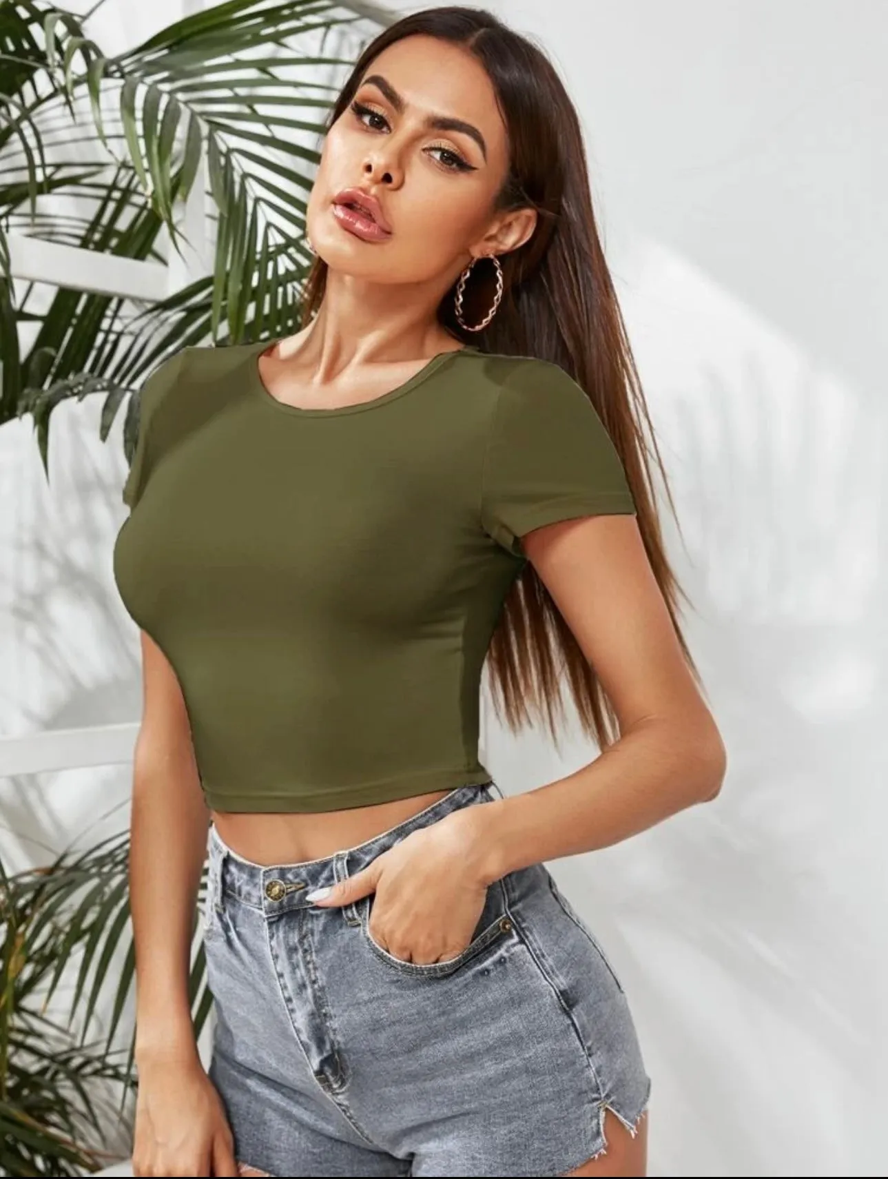Teen Solid Army Green Crew Neck Crop Top