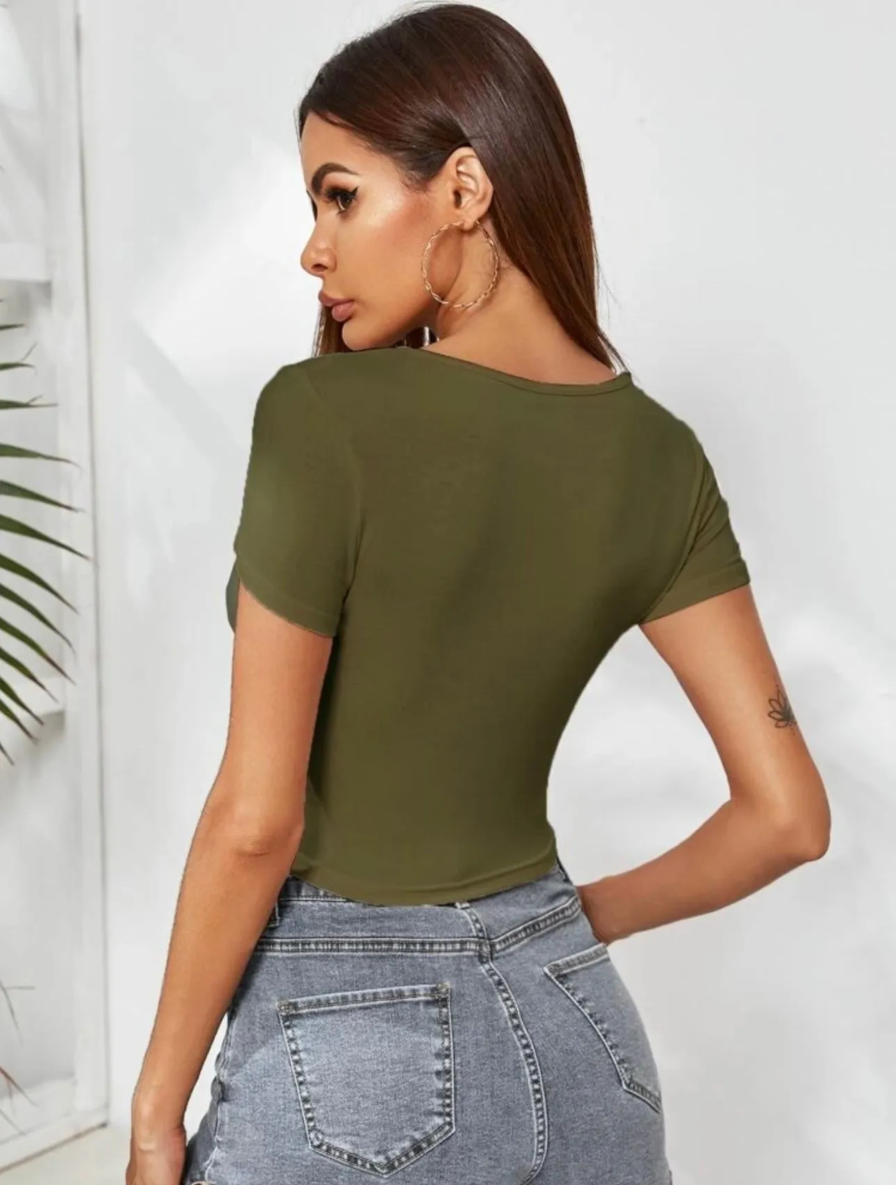 Teen Solid Army Green Crew Neck Crop Top