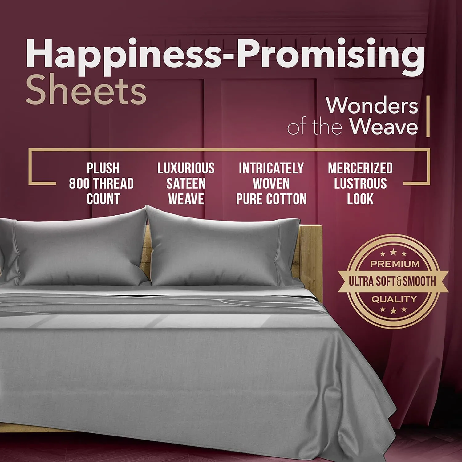 TEXAS LINEN CO. 800 TC Egyptian Cotton Sheets - 4 Piece Dark Grey King Size Cooling Sheet for Hot Sleepers, Luxury Egyptian Cotton Bedsheet, Sateen Hotel Sheets, Fits Mattress Upto 18'' Deep Pocket