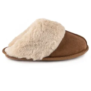 Totes Isotoner REAL SUEDE WITH FUR CUFF Womens Mule Slippers Tan