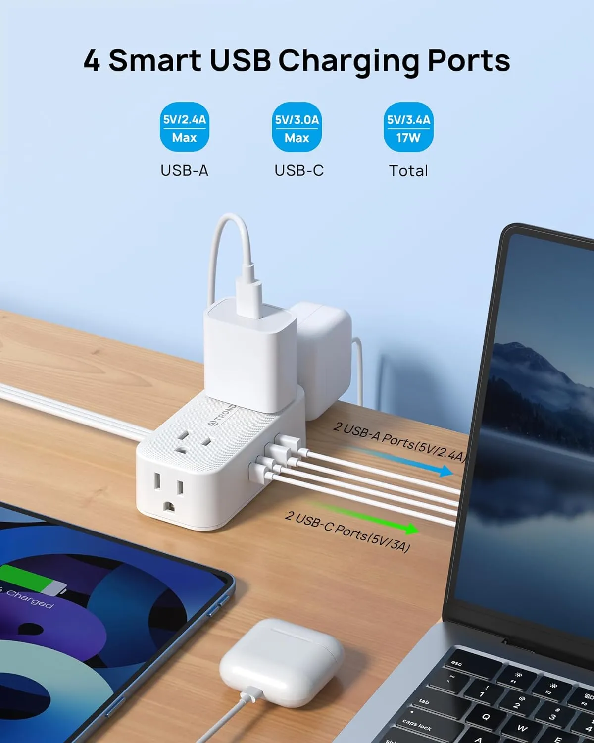 TROND 360° Rotating Flat Plug Power Strip, 5FT Extension Cord with 4 USB Ports, 4 Wide Spaced AC Outlets, Wall Mount, 900J Surge Protector for Office Travel Dorm Room Essentials, White