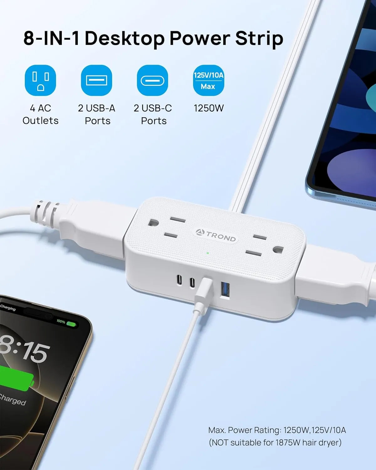 TROND 360° Rotating Flat Plug Power Strip, 5FT Extension Cord with 4 USB Ports, 4 Wide Spaced AC Outlets, Wall Mount, 900J Surge Protector for Office Travel Dorm Room Essentials, White