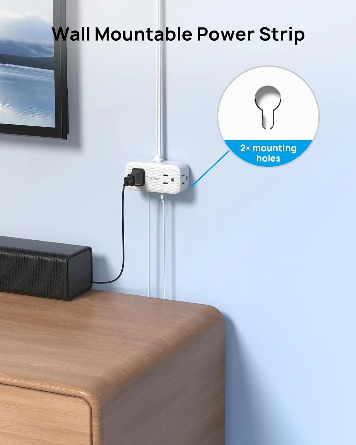 TROND 360° Rotating Flat Plug Power Strip, 5FT Extension Cord with 4 USB Ports, 4 Wide Spaced AC Outlets, Wall Mount, 900J Surge Protector for Office Travel Dorm Room Essentials, White