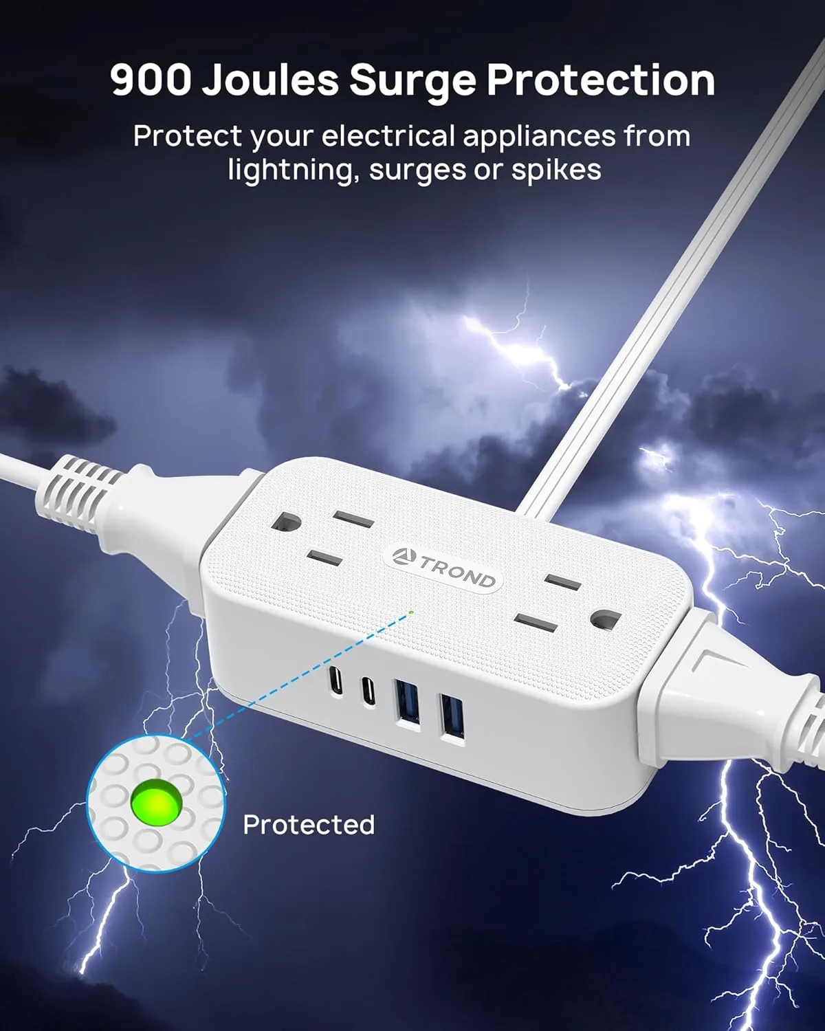 TROND 360° Rotating Flat Plug Power Strip, 5FT Extension Cord with 4 USB Ports, 4 Wide Spaced AC Outlets, Wall Mount, 900J Surge Protector for Office Travel Dorm Room Essentials, White