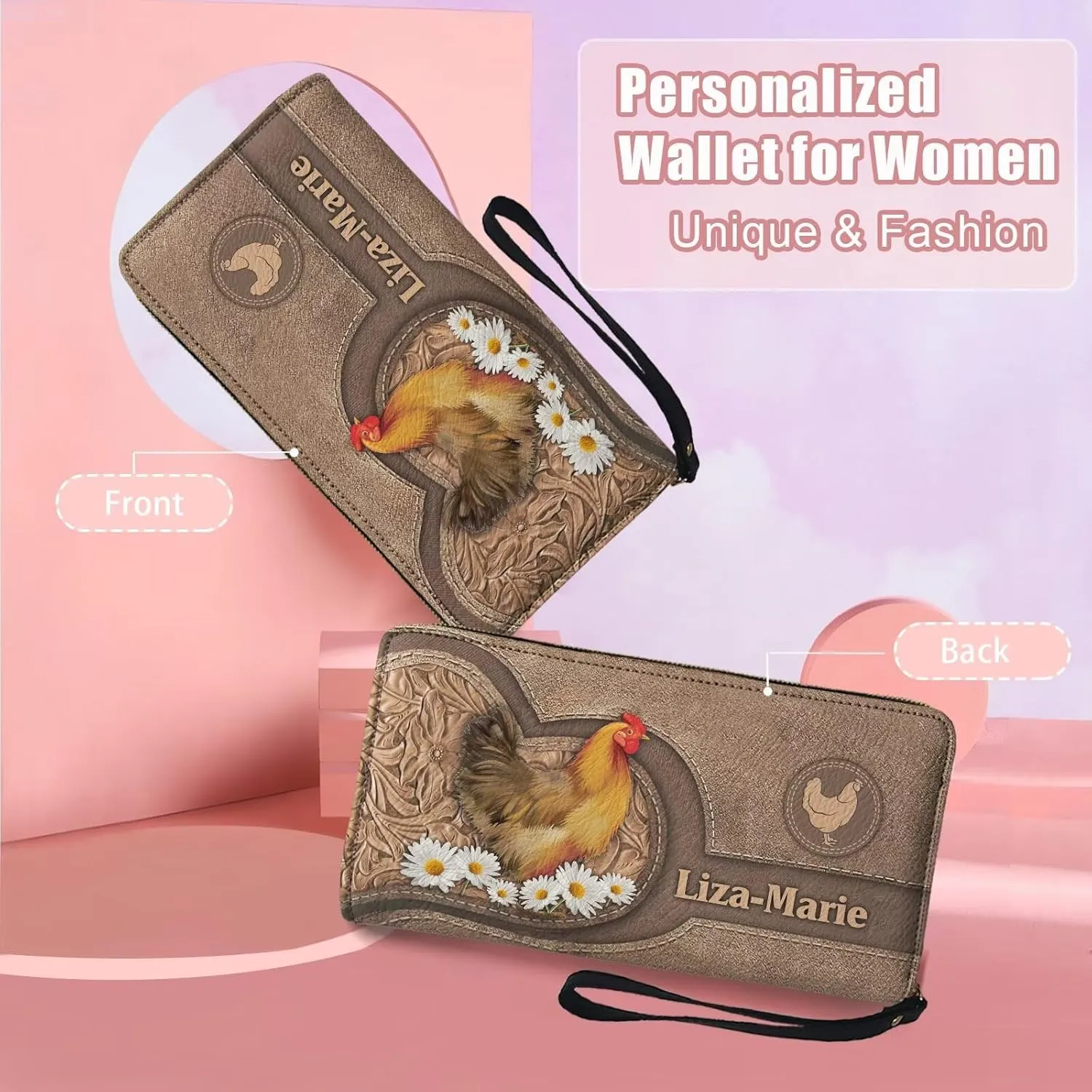 Tuoxiukan Custom Long Wallets with Wristlet Customized Mom's Gifts Personalized Name Wallets PU Leather Rooster and Sunflower Ladies Clutch Purse Zipper Coin Cash Organizer