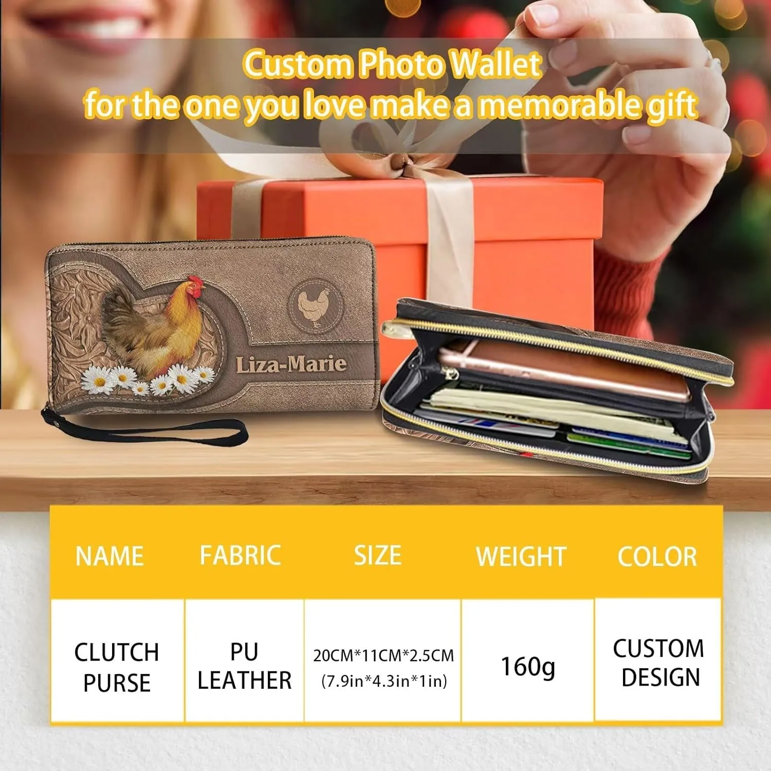 Tuoxiukan Custom Long Wallets with Wristlet Customized Mom's Gifts Personalized Name Wallets PU Leather Rooster and Sunflower Ladies Clutch Purse Zipper Coin Cash Organizer
