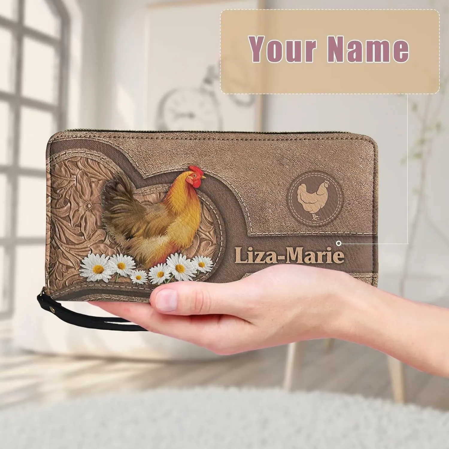 Tuoxiukan Custom Long Wallets with Wristlet Customized Mom's Gifts Personalized Name Wallets PU Leather Rooster and Sunflower Ladies Clutch Purse Zipper Coin Cash Organizer