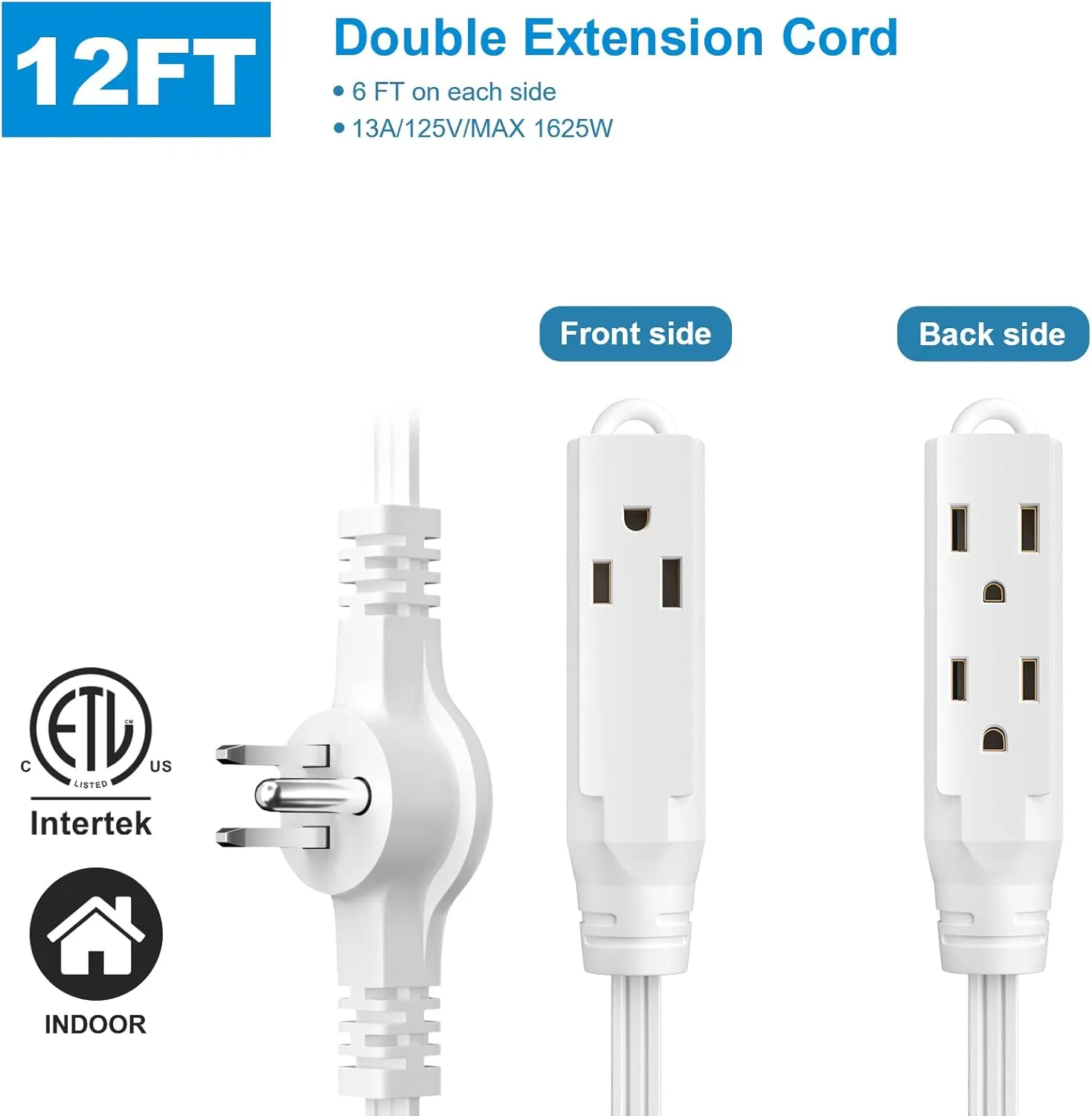Twin Extension Cord Power Strip, 12 Feet Double Extension Cord - 6 Feet On Each Side,16AWG 3 Prong Grounded Plug - 6 Outlets, Flat Head (Wall Hugger) Outlet Plug for Indoor Use (White)