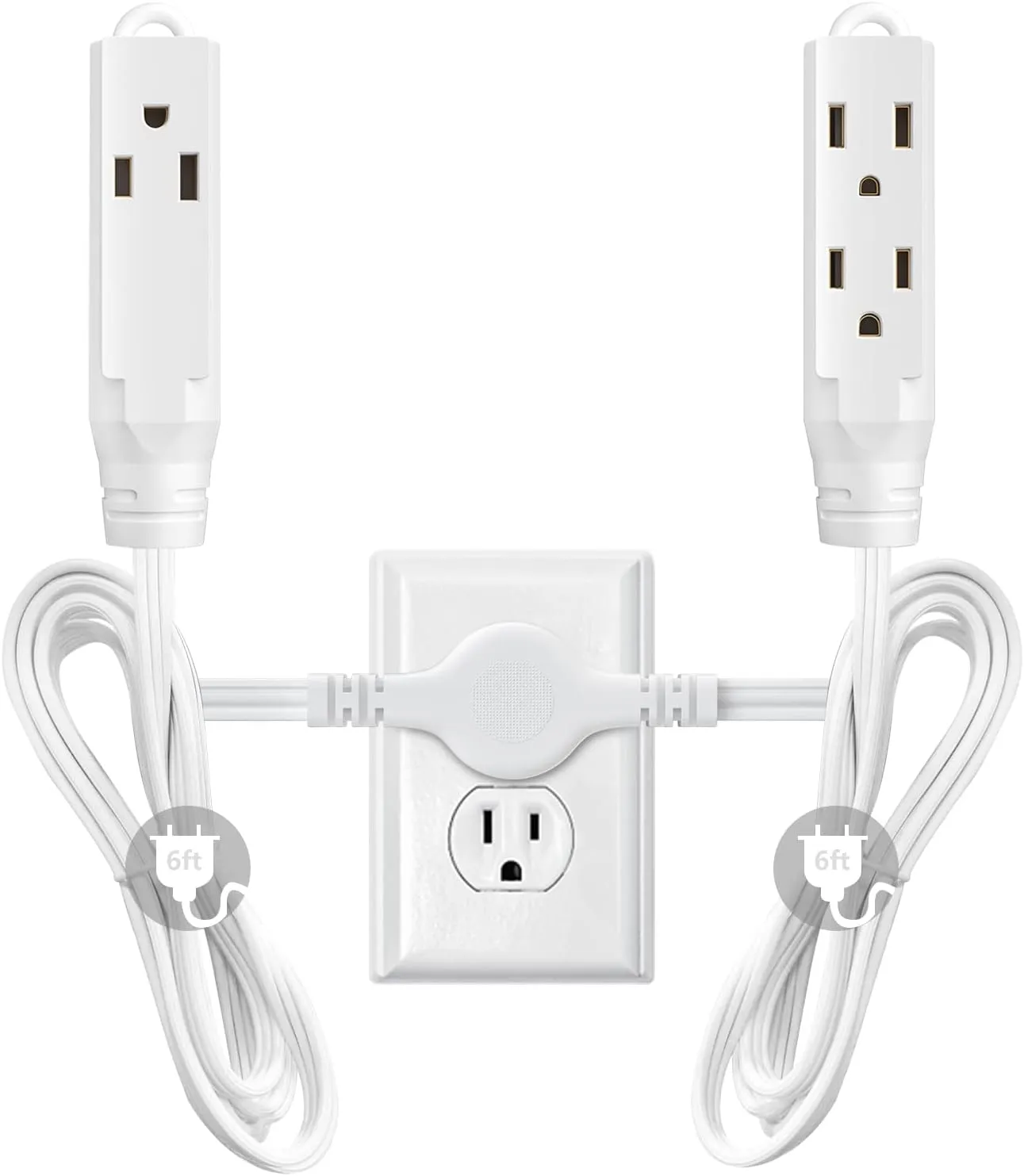 Twin Extension Cord Power Strip, 12 Feet Double Extension Cord - 6 Feet On Each Side,16AWG 3 Prong Grounded Plug - 6 Outlets, Flat Head (Wall Hugger) Outlet Plug for Indoor Use (White)