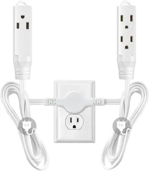 Twin Extension Cord Power Strip, 12 Feet Double Extension Cord - 6 Feet On Each Side,16AWG 3 Prong Grounded Plug - 6 Outlets, Flat Head (Wall Hugger) Outlet Plug for Indoor Use (White)