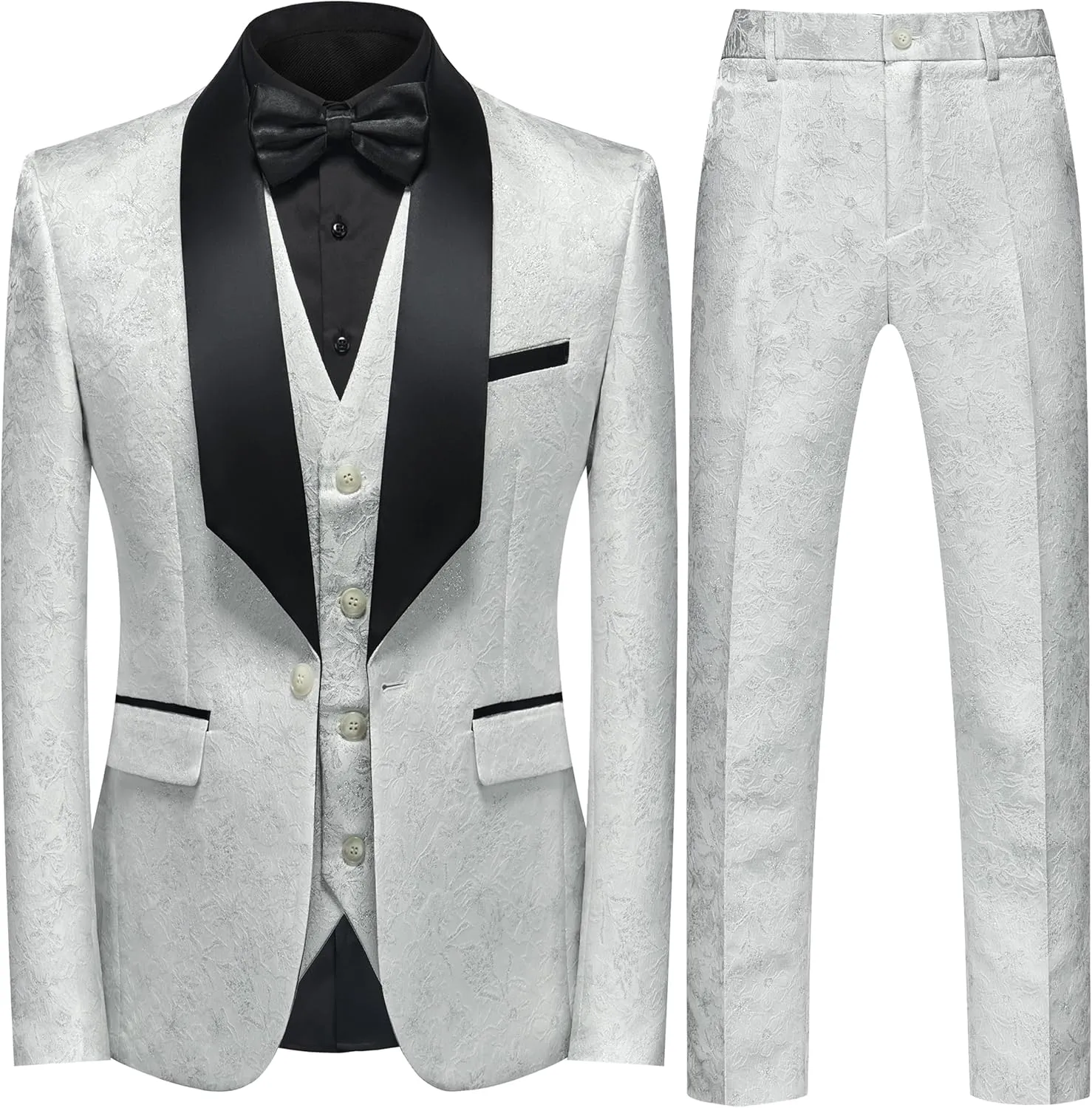 UNINUKOO Mens Slim Fit Suit 3 Piece 1 Button Paisley Prom Floral Wedding Tuxedo for Men