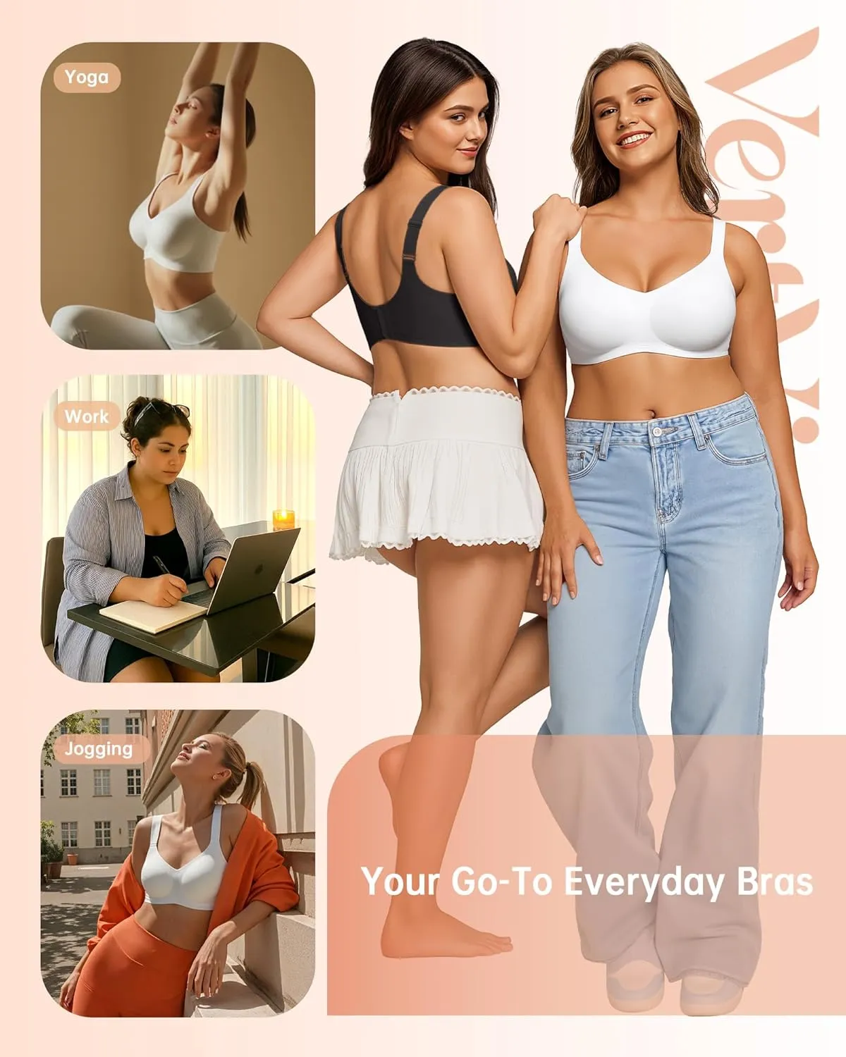 Vertvie Bras for Women No Underwire Wireless Support Bra Underarm-Smoothing Seamless Push Up Full Coverage T-Shirt Sports Bra