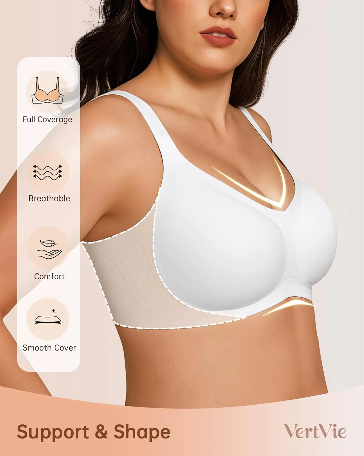 Vertvie Bras for Women No Underwire Wireless Support Bra Underarm-Smoothing Seamless Push Up Full Coverage T-Shirt Sports Bra
