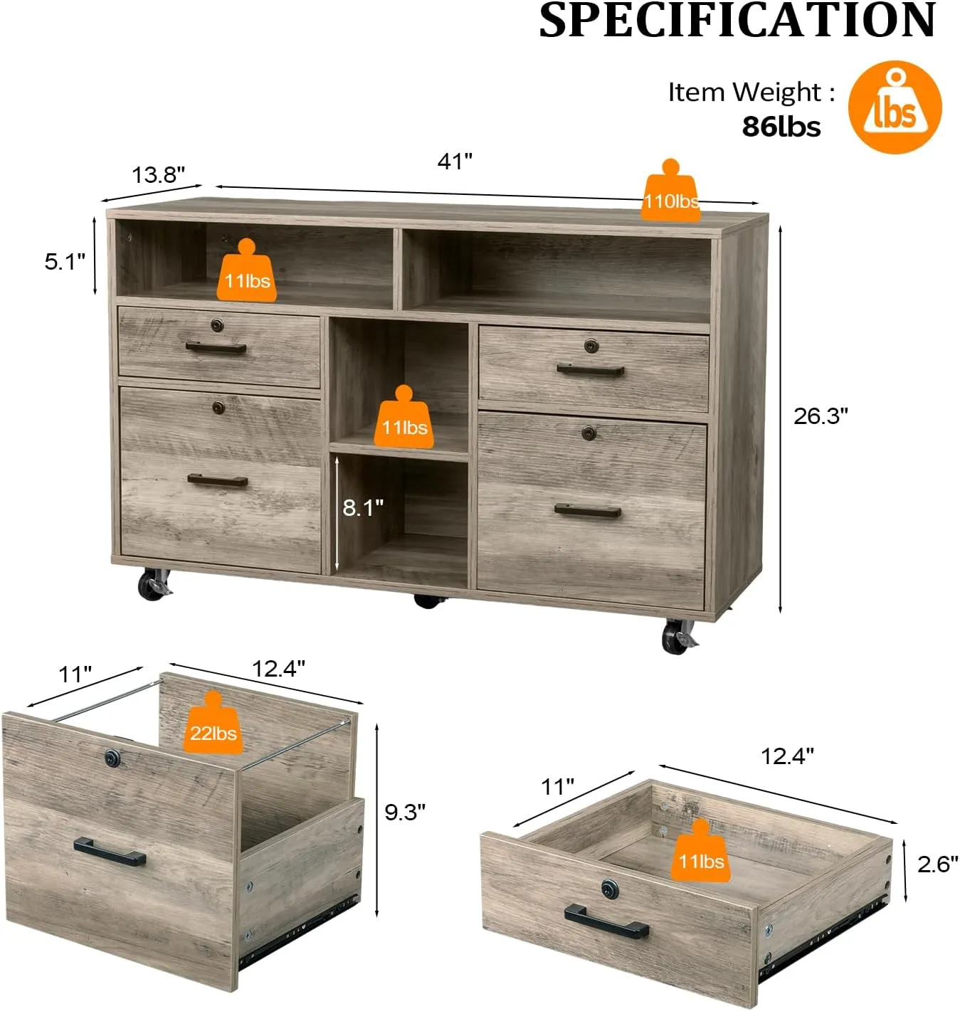 VINGLI Wide 4 Drawer File Cabinet with Lock, Rustic Grey Rolling File Cabinet with Open Shelves, Lockable Printer Stand, Letter Sized
