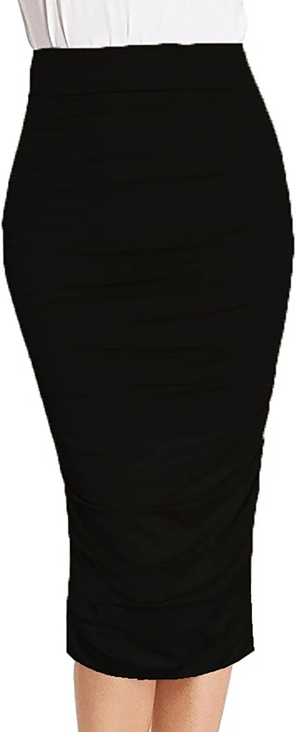 Vivicastle Women's USA Ruched Frill Ruffle High Waist Pencil Mid-Calf Skirt