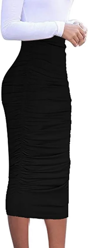 Vivicastle Women's USA Ruched Frill Ruffle High Waist Pencil Mid-Calf Skirt