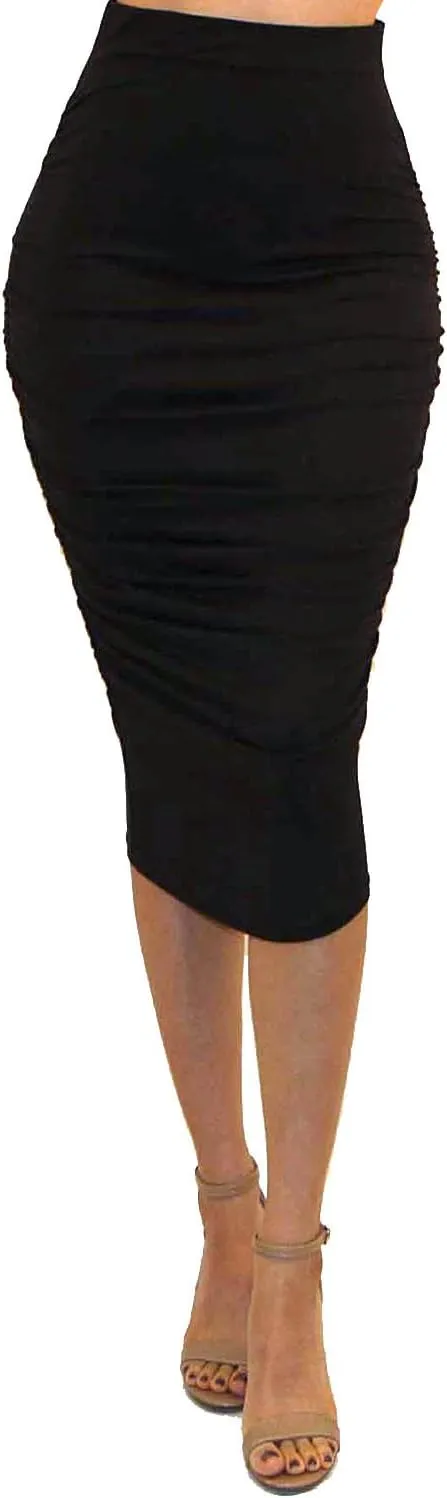 Vivicastle Women's USA Ruched Frill Ruffle High Waist Pencil Mid-Calf Skirt